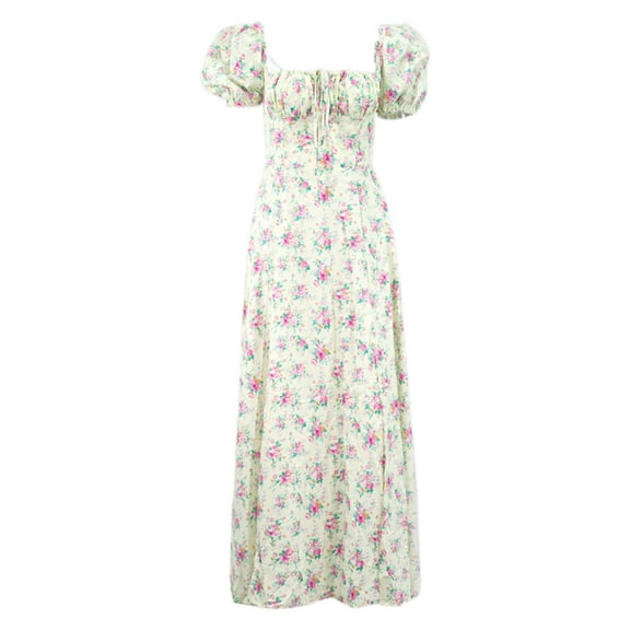Womens Square Neck Floral Dress Puff Sleeves Dresses High Waist Slit