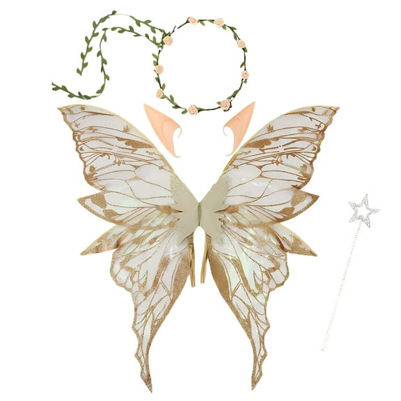 Meitianfacai 4-Piece Fairy Role Play Set with Butterfly Wing and Flower Headband for Role Play and Dress Up, Magical Pretend Play Accessories for Teen and Adults (Gold)