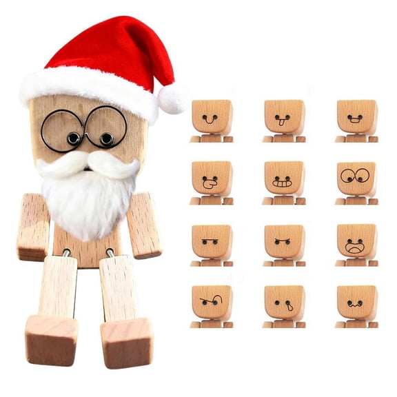 Shaking Wooden Man Figurine,Handmade Shak Feet Woodens Man with 12PCS Magnetic Expressions,with Santa Hat,Christmas Wood Car Desktop Decoration,Xmas Gifts for Wife Daughter