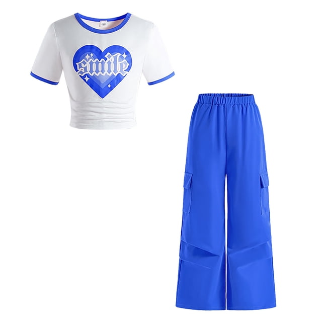 Afdoent Girls Clothes Cute Girls 2 Piece Outfits Ribbed Knit Short Sleeve Ruched Crop Tops And Wide Leg Cargo Pants Set For 7-8 Years