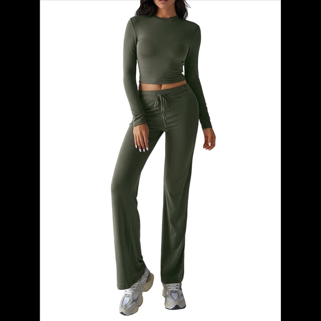 Conjuntos de 2 Piezas para Mujer, Larga, Cuello Redondo, Pantalones Acampanados de Cintura Alta, Conjuntos de Chándal, Ropa de Calle. Verde L