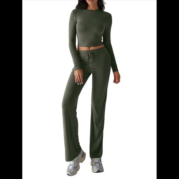 Conjuntos de 2 Piezas para Mujer, Larga, Cuello Redondo, Pantalones Acampanados de Cintura Alta, Conjuntos de Chándal, Ropa de Calle. Verde XL