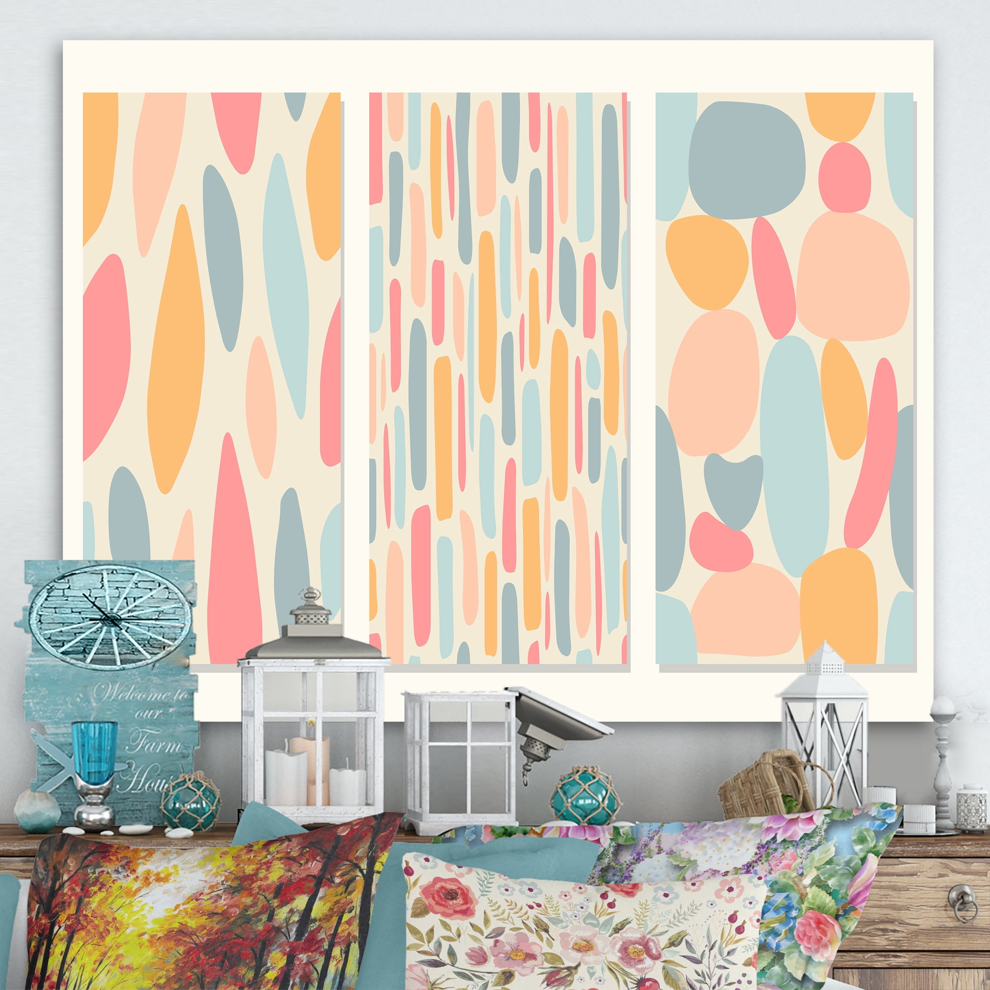 Patchwork of Pastel Organic Shapes 32 in x 16 in Painting Canvas Art Print, by Designart