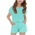 thumbnail image 3 of Jinhomg Girls Casual Summer Outfits Comfort Short Sleeve Crew Neck T-Shirts with Shorts Big Kids Plain Solid Lounge Sets 2025 Fashion Daily Wear Green 7 Years, 3 of 9