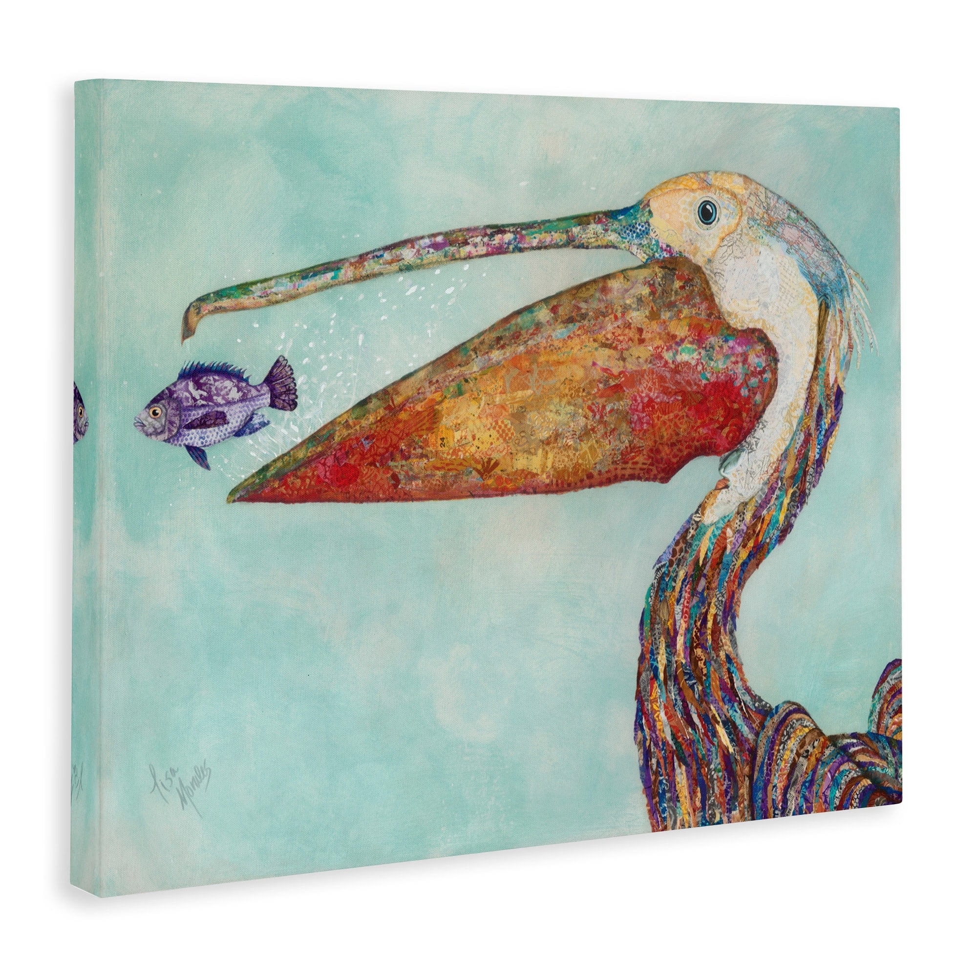 Stupell Industries Pelican's Lost Supper Fish and Patterned Feathers Animals & Insects Painting Gallery Wrapped Canvas Art Print Wall Art, 24 x 30