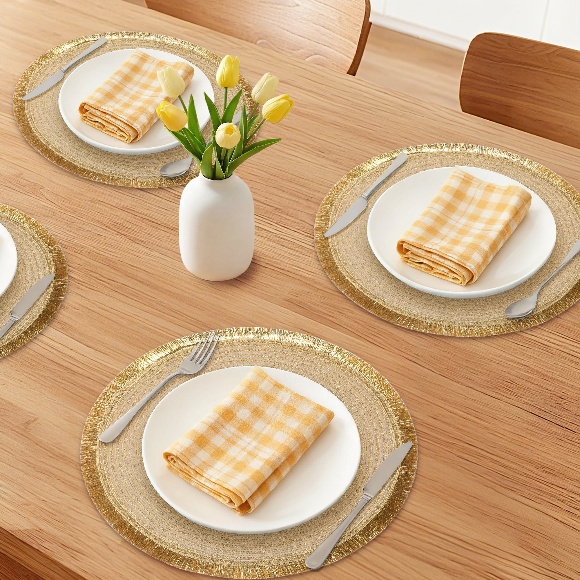 Unique Bargains 6Pcs Round Woven Decor Indoor Outdoor Placemats Gold 15x15inch