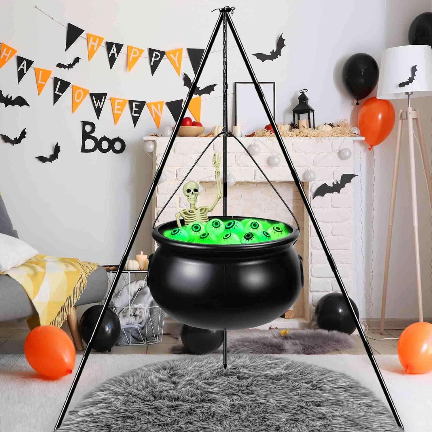 Halloween Witch Cauldron with Tripod, Lighted Eyeballs, Skeleton and Filling Cotton, Outdoor and Indoor Yard, Porch and Party Decoration