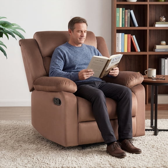 Bonzy Home Manual Recliner Chair for Living Room, Modern Comfort Wide Cloth Reclining Chair with Padded Armrest, Single Sofa Chair for Adult, Brown