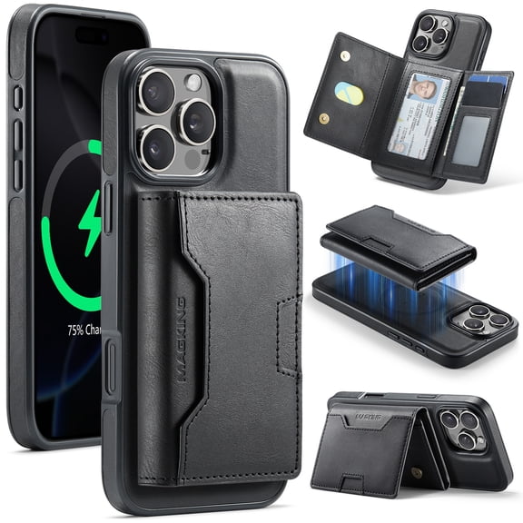 2 In 1 Design for iPhone 15 Pro Detachable Magnetic Wallet Case with Magnetic Snap, RFID Blocking Card / Cash Slots Shock-Absorbent PU Leather Classic Kickstand Rugged Phone Case Cover, Black