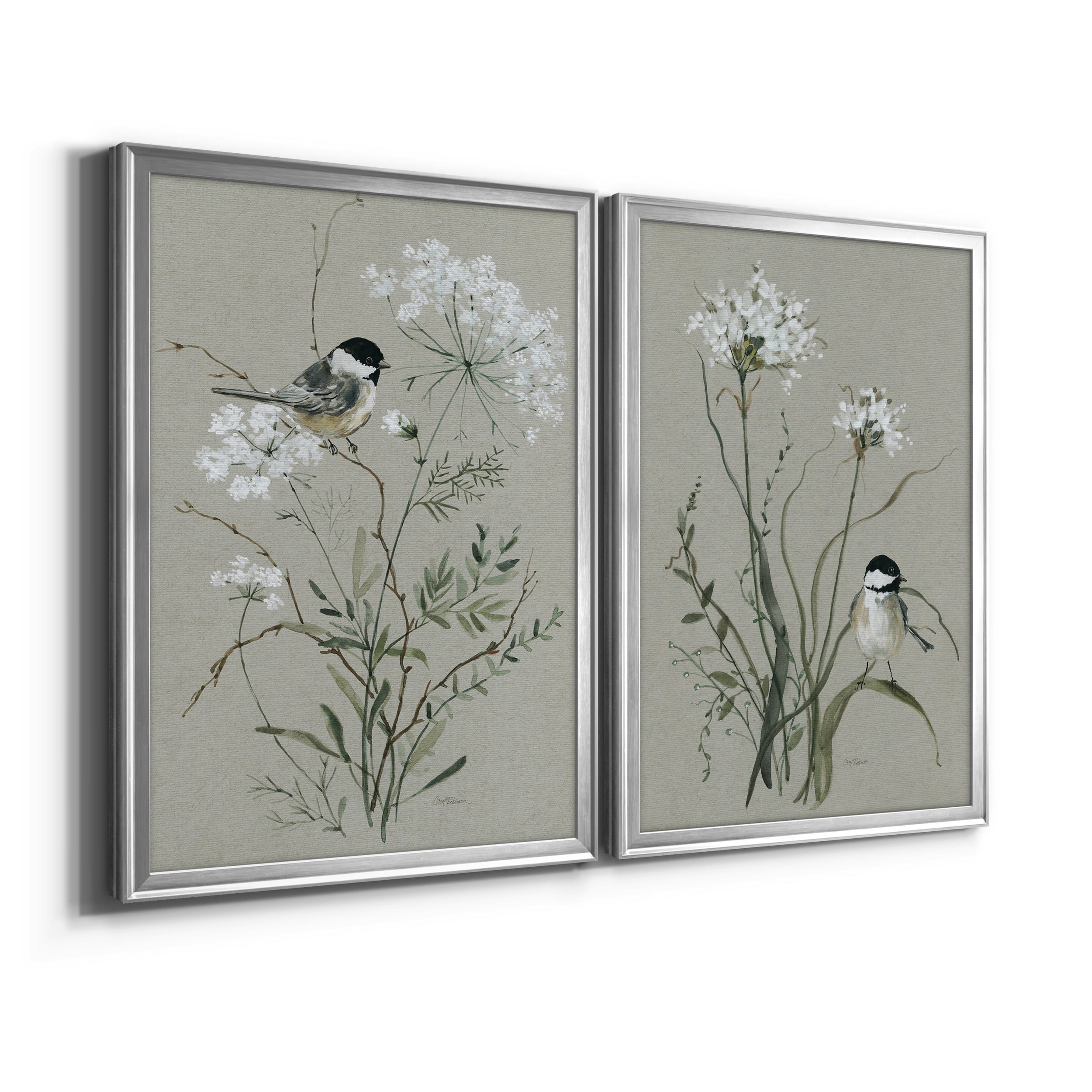 2 Piece Set Bouquet of Grace Bird I Premium Framed Canvas - Ready to Hang - 22.5 x 30.5 Each - Silver Frame