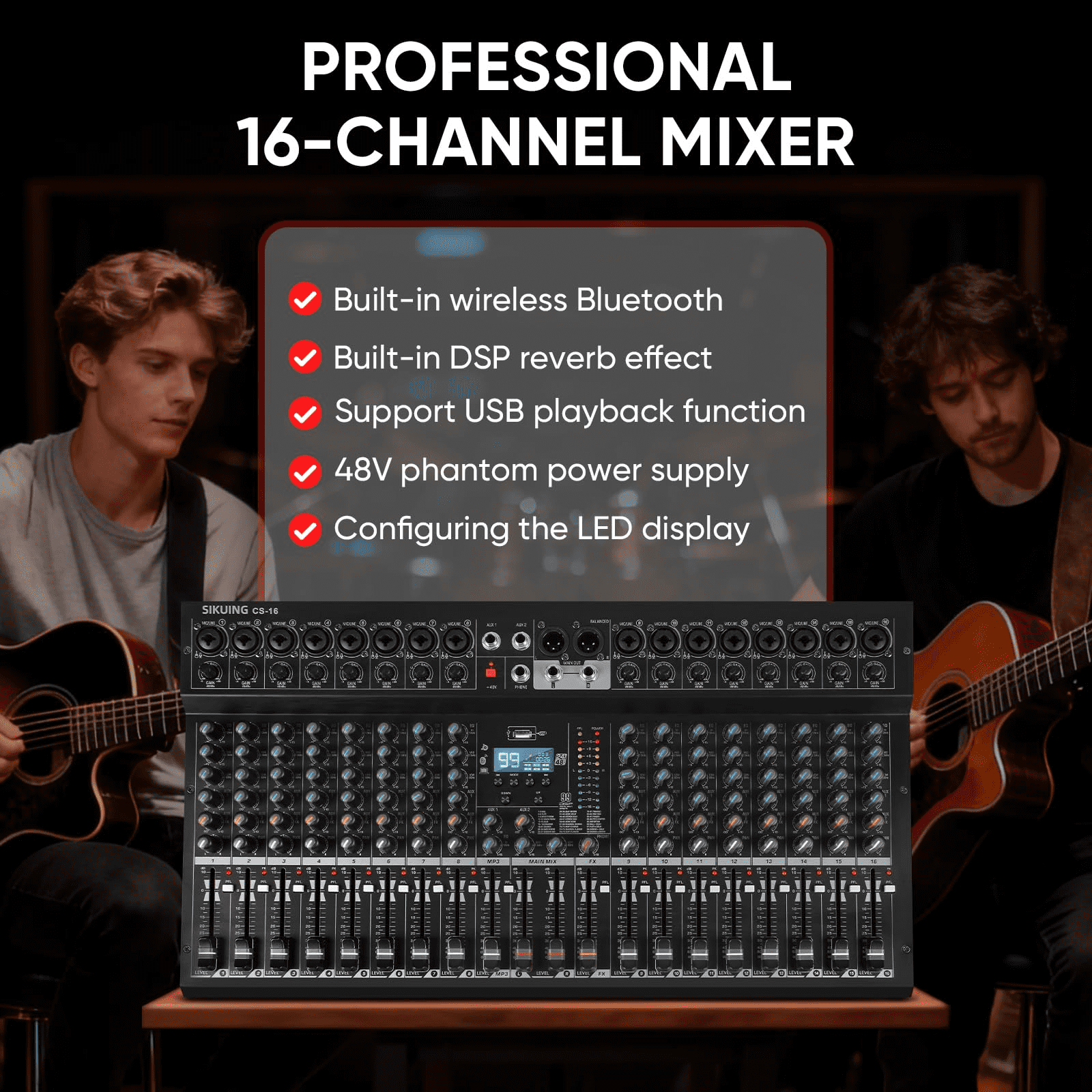 16 Channel Mixer, Professional Audio Mixing Console Studio DJ Board with Bluetooth, 99 DSP Effect,USB Recording, 48V Phantom Power, Reverb, MP3 Player for Live Sound Karaoke Performance
