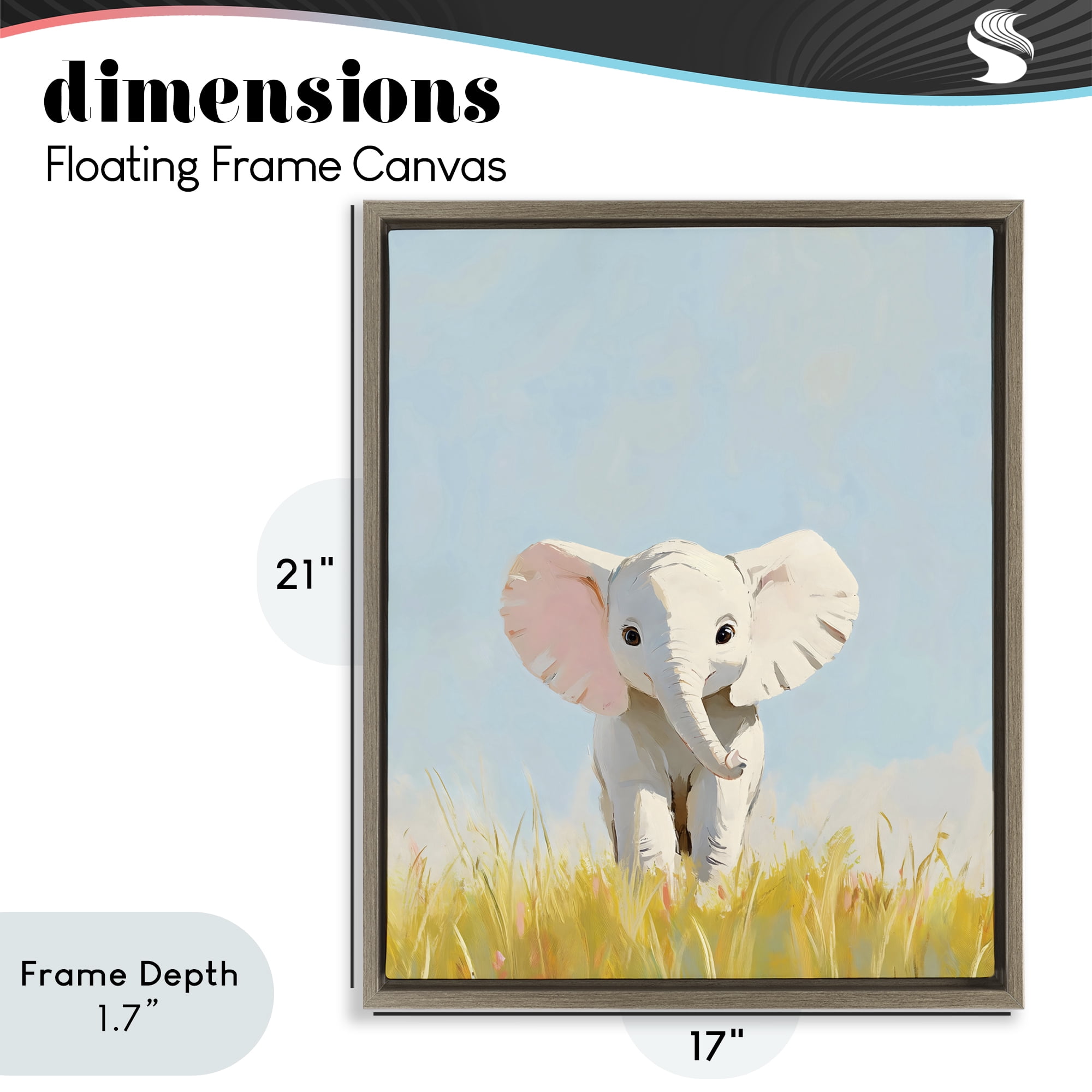 Stupell Industries White Baby Elephant in Grass Brown Framed Floater Canvas Wall Art, design by The Prints Vibe