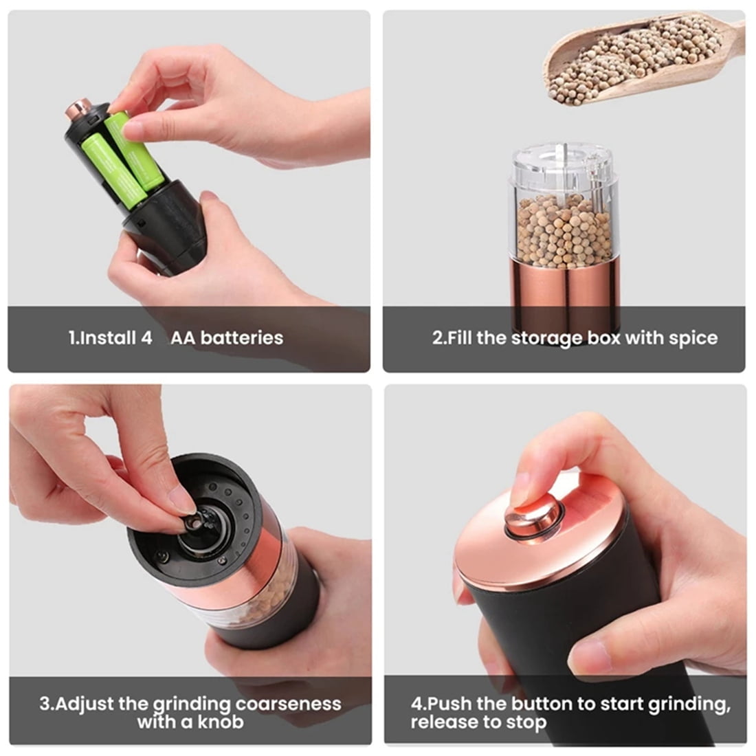 2Pcs Automatic Salt Pepper Grinder Electric Spice Mill Battery Powered Adjustable Coarseness Pepper Mill Kitchen -White