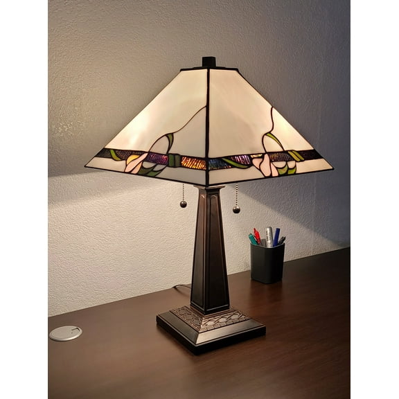 23" White Stained Glass Floral Two Light Mission Style Table Lamp