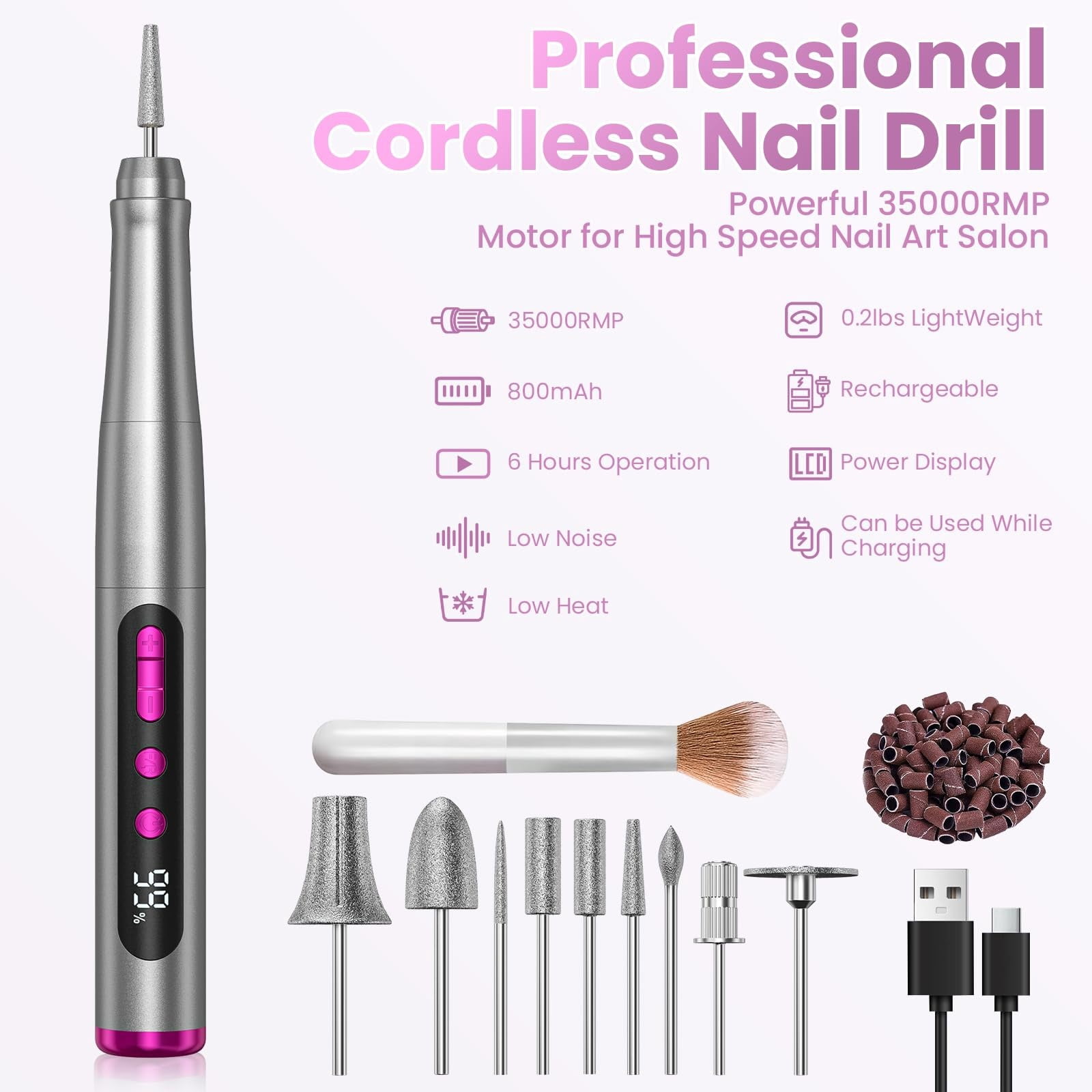 M MISS DREAM Portable 35000 RPM Electric Nail Drill with LCD Display, Gray