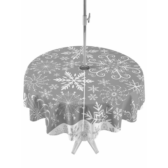 Outdoor Tablecloth with Umbrella Hole and Zipper, Snowflakes Christmas Round Table Cloth 60 Inch Waterproof Tablecloth, Grey Xmas Winter Vintage Picnic Table Cover for Patio Camping