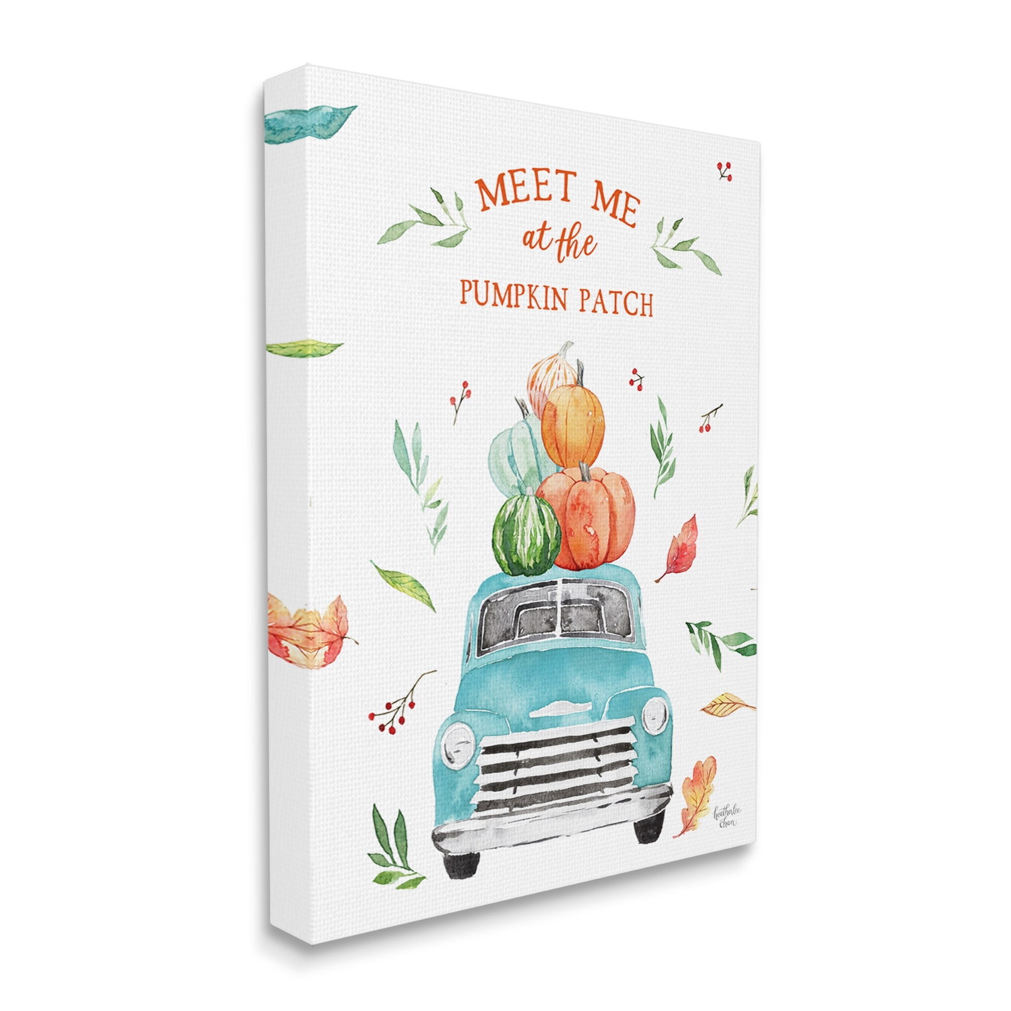 Stupell Industries Pumpkin Patch Seasonal Leaves Botanicals Blue Truck Graphic Art Gallery Wrapped Canvas Print Wall Art, Design by Heatherlee Chan