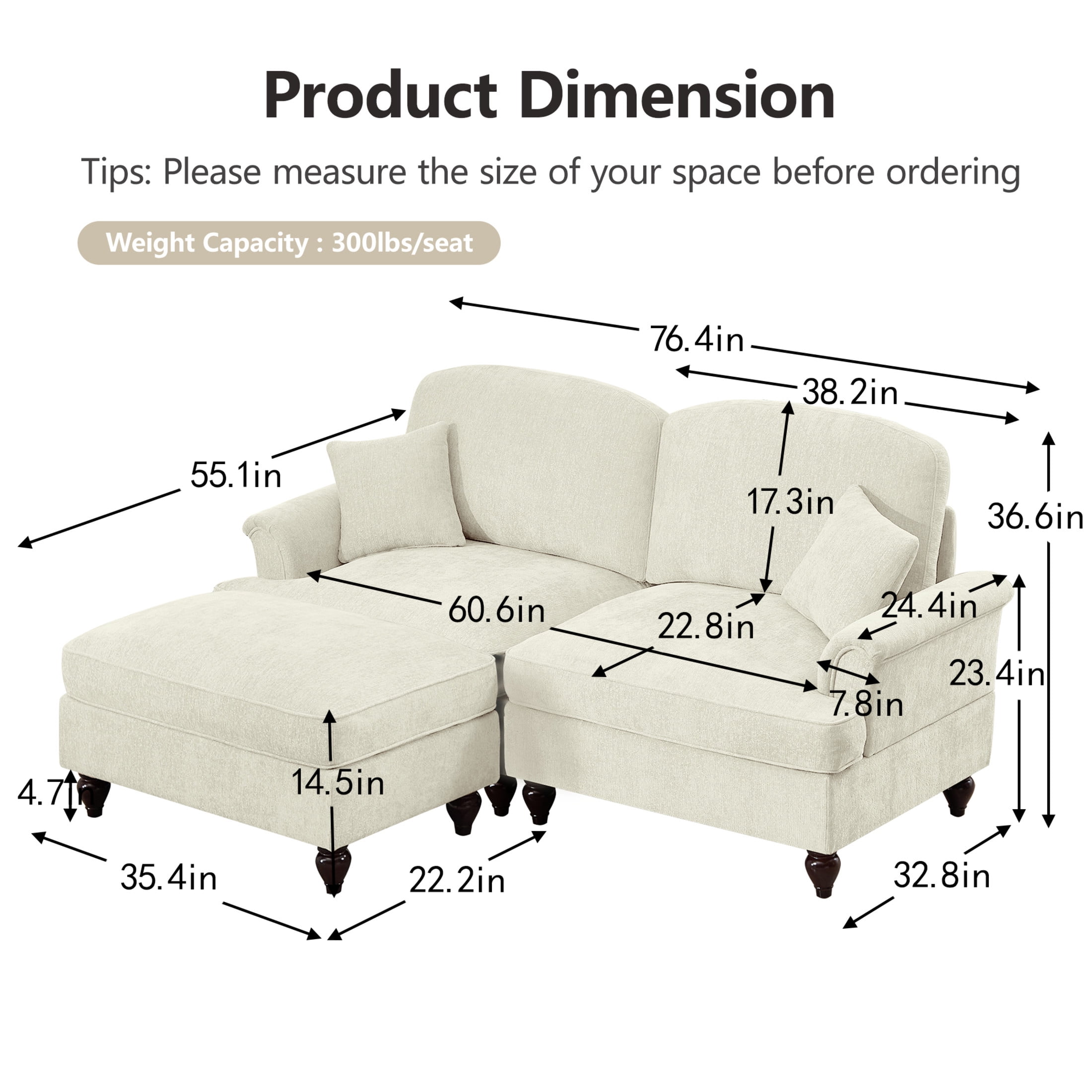 Noble House L-Shaped 2-Seater Sofa with Flared Arms, Removable Pleated Skirt, Spindle Legs, Chenille, Movable Ottoman, Beige White