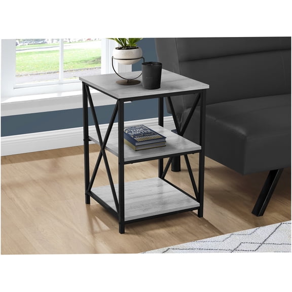 Grey Laminate & Black Metal End Table with 3-Tier Storage Shelves, Modern Accent Table for Living Room or Bedroom