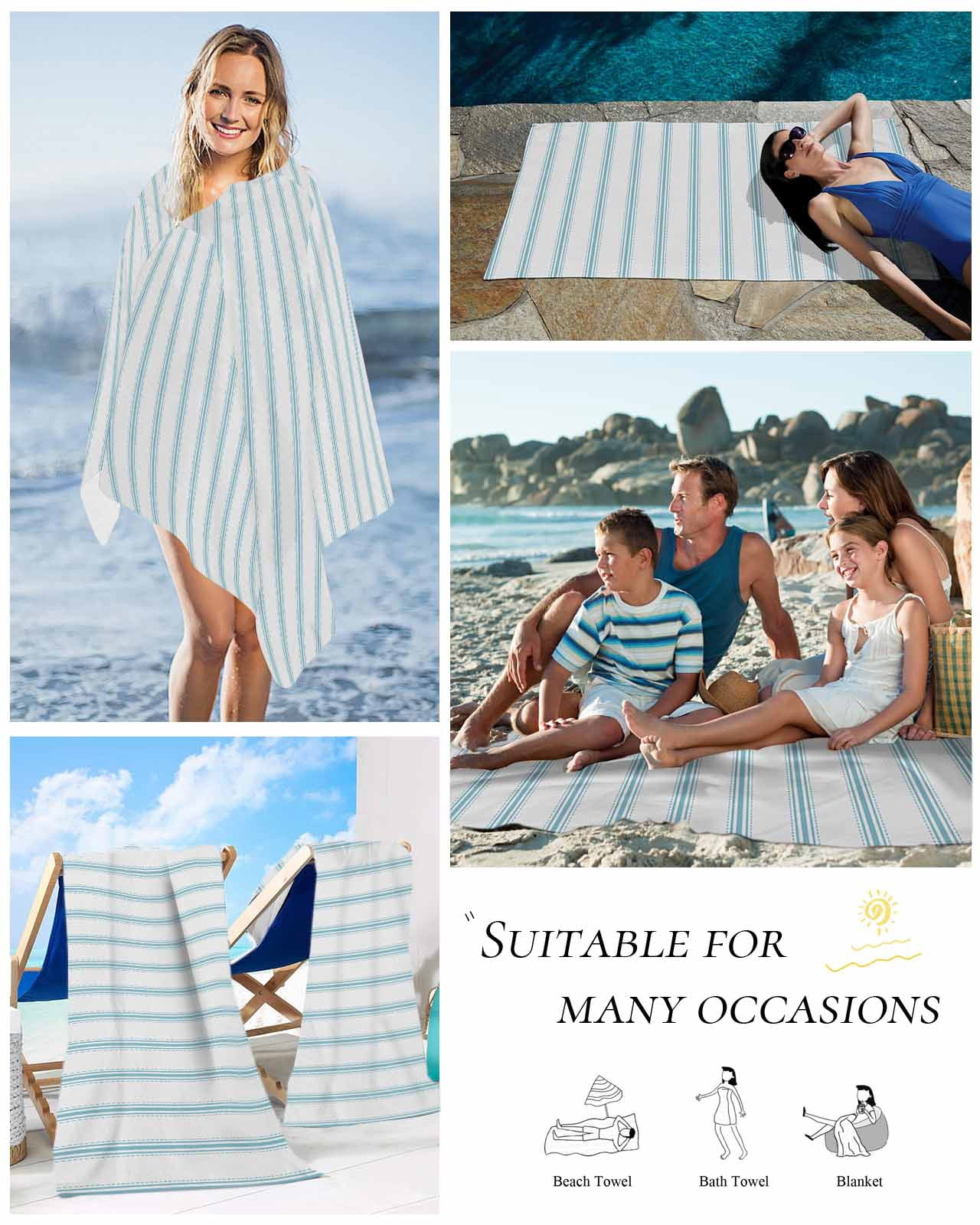 Blue Striped Beach Towels Oversized Super Absorbent, Blue White Stripes Farmhouse Lightweight Bath Towel Quick Dry Sets For Bathroom/Pool/Rv Camping/Beach Play/Gym Room/Picnic 23"x47"