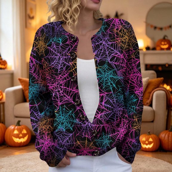 WERYOUNG Halloween Cardigan Sweaters For Women Spider Web Print Long Sleeve Button Down Sweater Holiday Party Loose Fit Fall Tops For Women,Size L