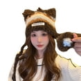 thumbnail image 2 of absanyy Women's Cute Kawaii Winter Hat - Coffee, Free Size, Fuzzy Acrylic with Cat Ears & Antler, Ear Flap Pom Poms, Warm for Cold Weather, 2 of 3