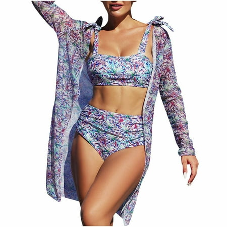 Purple Floral Top Sets for Women Beach Match Brunch Sexy Hawaiian Seamless Triangle 2 Piece Slit Tops Swimwear Micro Bikini Tankini Kimono Cover Up Shorts Sets Ladies L