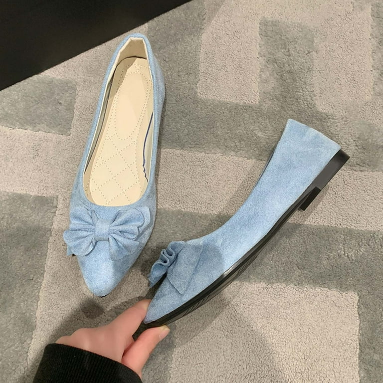 KIJBLAE Women Suede Bow Flats Shoes Slip-On Pointed Toe Ballet