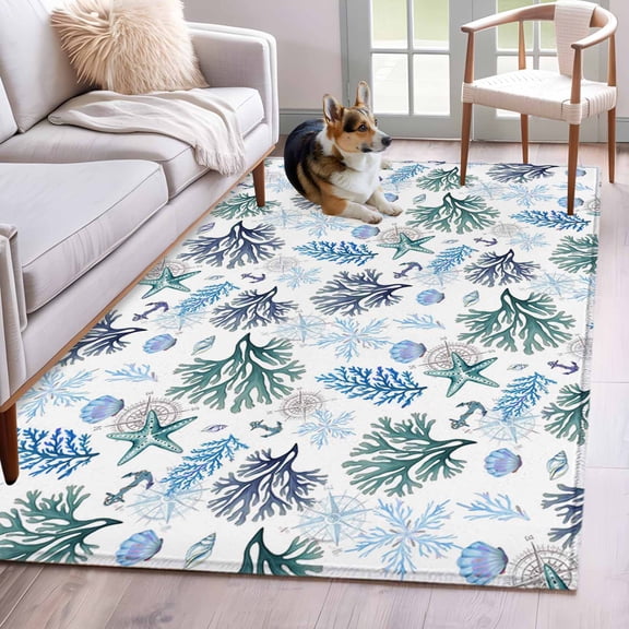 Blue Teal Coastal Area Rugs 4'x6', Washable Small Throw Rugs for Office Bathroom, Coral Starfish Seaside Summer Beach Indoor Outdoor Rug Non-Slip Low Pile Carpet Runner Reversible Floor Mats