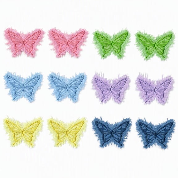 12 Pack Butterfly Iron‑On Patches, 2 Pcs Each Color Pink Green Blue Purple Yellow Denim‑Blue Embroidered Applique for Clothing Jeans Jacket Repair DIY