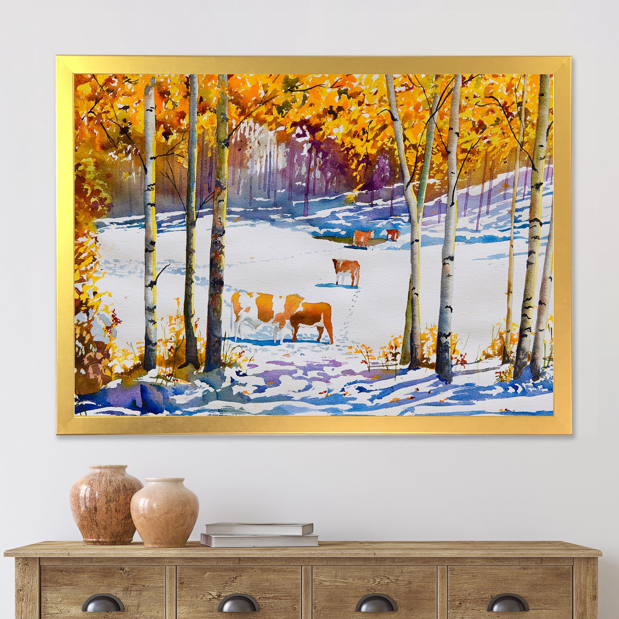 Designart 'Cattles In The Early Snow In The Tree Forest' Farmhouse Framed Art Print