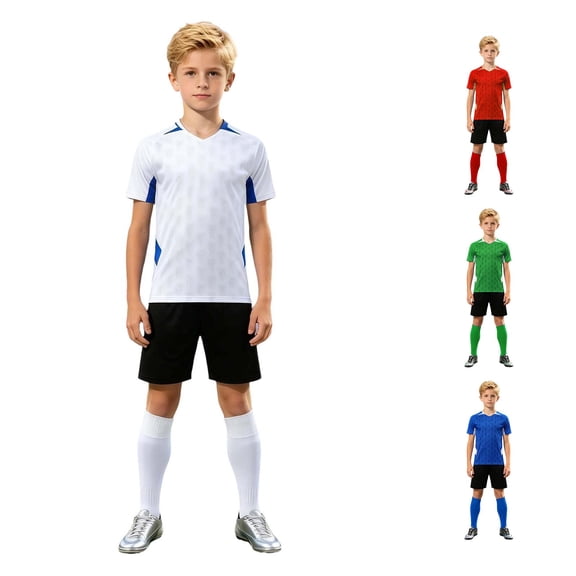 oqasdz Teen Kids Boys Soccer Shorts Set V Neck Quick Drying Rash Guard and Shorts Stretch Sports Athletic Football UniFormalm Clothes Sets,White,Size 8 Y-9 Y