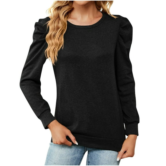 Oalirro Black Womens Long Sleeve Tops Summer Round Neck Solid Womens Trendy Tops