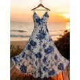 thumbnail image 2 of Multicolor Blue & White Floral Print Spaghetti Strap V-Neck Waist-Cinched A-Line Maxi Dress For Spring Summer Vacation, 2 of 5