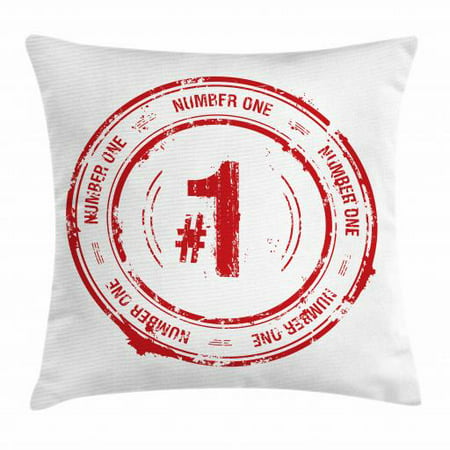 Number Throw Pillow Cushion Cover, Number One Old Fashioned Grunge Stamp at Top Best Leader Emblem Design, Decorative Square Accent Pillow Case, 16 X 16 Inches, Vermilion and White, by
