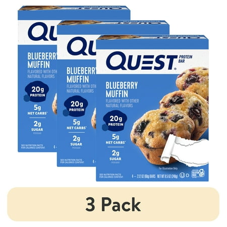(3 pack) Quest Protein Bar, Blueberry Muffin Flavor, 20g of Protein, Gluten Free, 4 Count