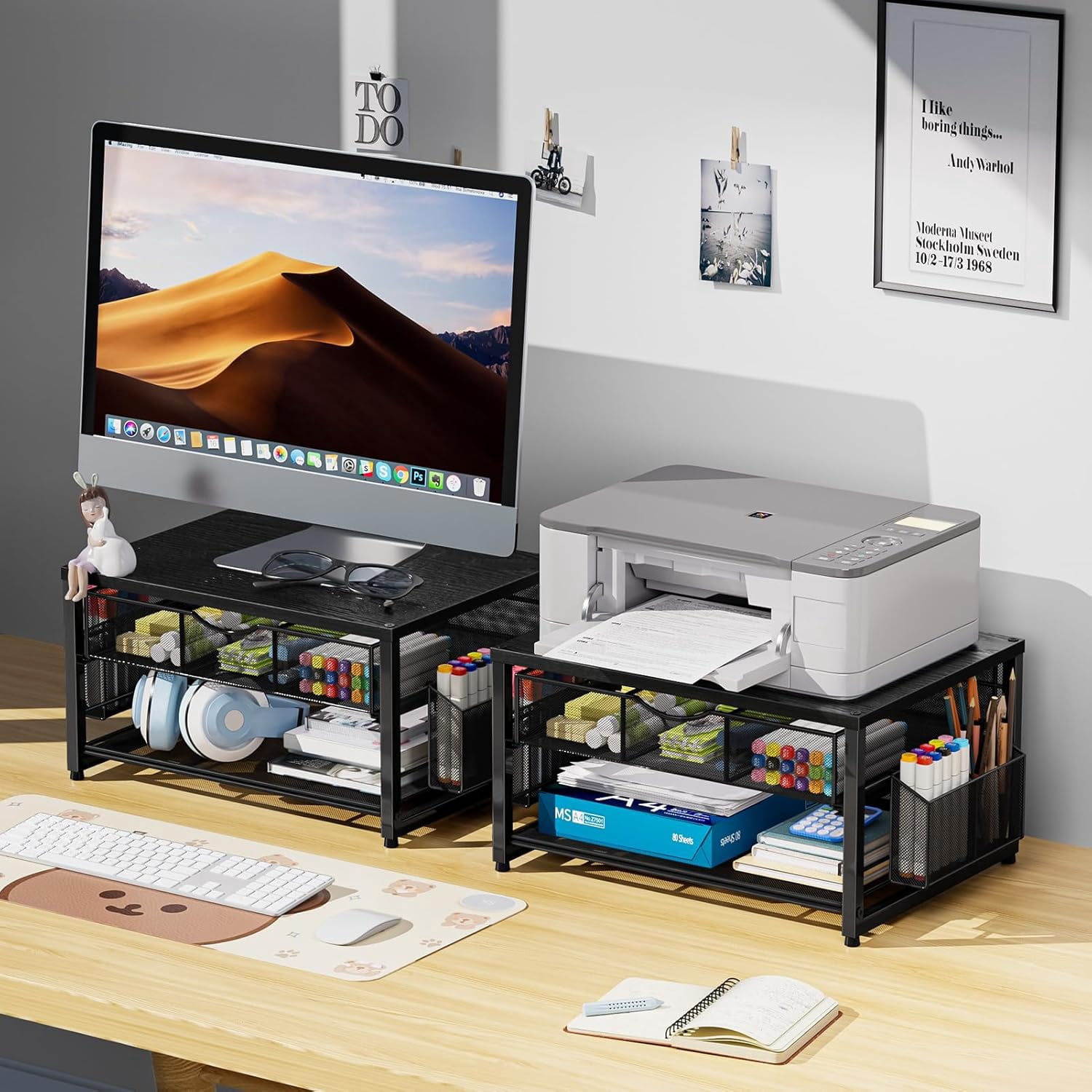 Wood Printer Stand for Desk, 2-Tier Desktop Printer Table for Home Office, Printer Stand with Storage Drawer 2 Pen Holders, Multi-Purpose Desk Organizer for Fax Machine Scanner (Wood Black)