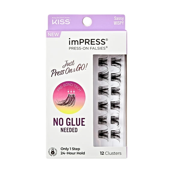 KISS imPRESS Falsies Press On Self Adhesive Eyelashes, Sassy, Black, 12 Lash Clusters