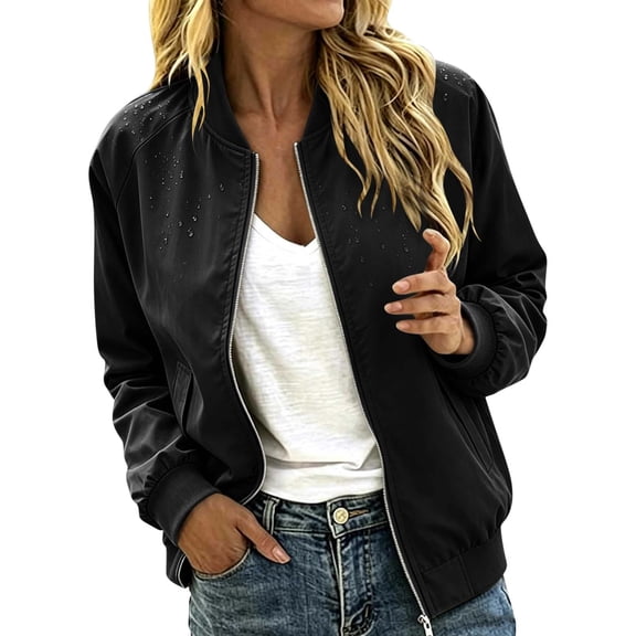 QIYAGBSA Jackets for Women Zip Up Stand Collar Lightweight Fall Casual Outerwear with Pockets (Black, M)