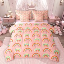 jejeloiu Boho Rainbow 7-Piece Bedding Comforter Set,Cute Kawaii Rainbows King Bedding Sets For Girls Teens Reversible