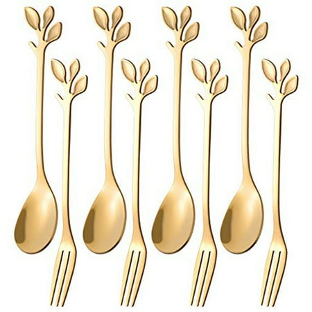 

16PCS Dessert Spoon and Fork Set Cake Fork Coffee Spoon Creative Fruit Fork Stainless Steel -Gold