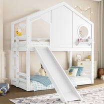 Bellemave Twin Over Twin Bunk Bed with Slide, Wood House-shape Floor Bunk Bed with Ladder and Storage, Space-saving Twin Loft Bed, No Box Spring Needed(White)
