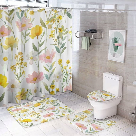 4 Pcs Shower Curtain Set Pink And Yellow Watercolor Floral Bath Mat U-Shaped Floor Mat Toilet Lid Oval Rug Girly Floral Design Farmhouse Bathroom Shower Set for Bathroom Decor Set 72inch X 72inch