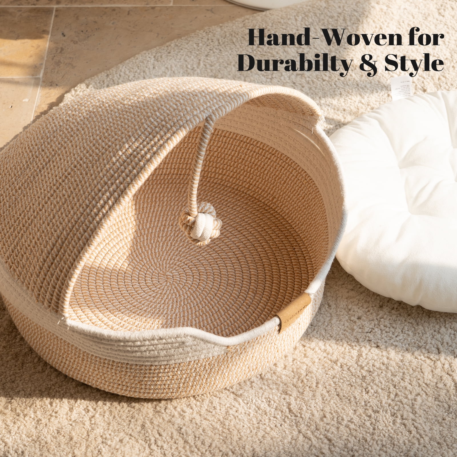 Cheerpals 3-in-1 Cat Bed, Hand-Woven Cat Cave with Washable Cushion & Toy Ball, Durable Cat Scratcher for Year-Round Use