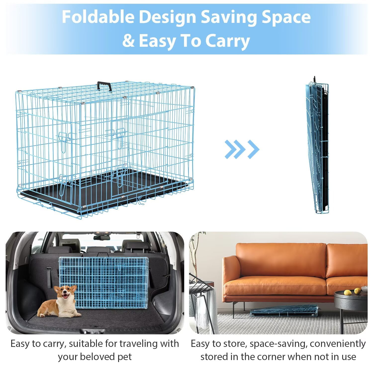 CL.HPAHKL Durable Wire Dog Crate, Folding Metal Dog Kennel Double Door Dog Cage with Plastic Tray, Pet Crate for Large Dog Indoor Outdoor Travel (Blue, 36 inch)