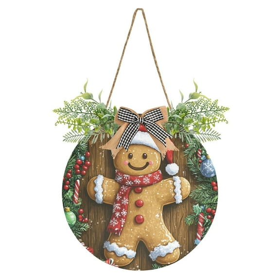 Christmas Gingerbread Man Front Door Porch Decoration Hanging Sign with Artificial Green Plants and Bow for Home Outdoor Indoor