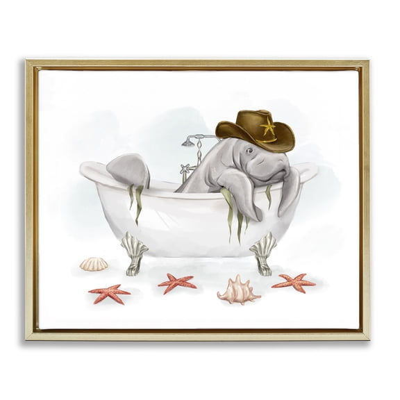 Stupell Industries Eclectic Cowboy Manatee in Tub Gold Floating Frame Canvas Art, 31 x 25, by Ziwei Li