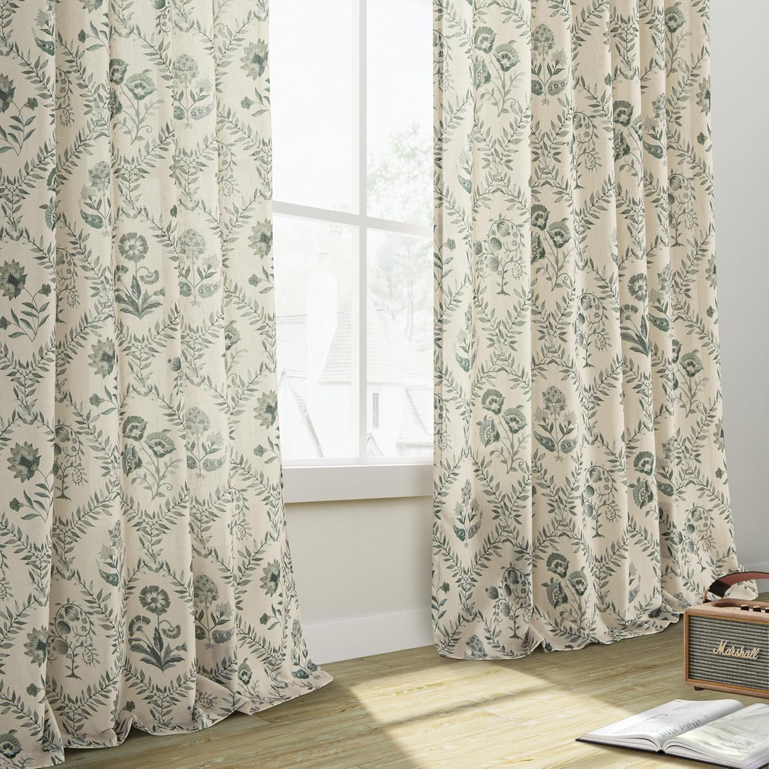 Green Farmhouse Curtains 90 Inch Length for Living Room Spring Light Filtering Back Tab Sage Greyish Green Leaf Flower Patterned Linen Curtains French Country Cottagecore Shabby Chic Floral Drapes