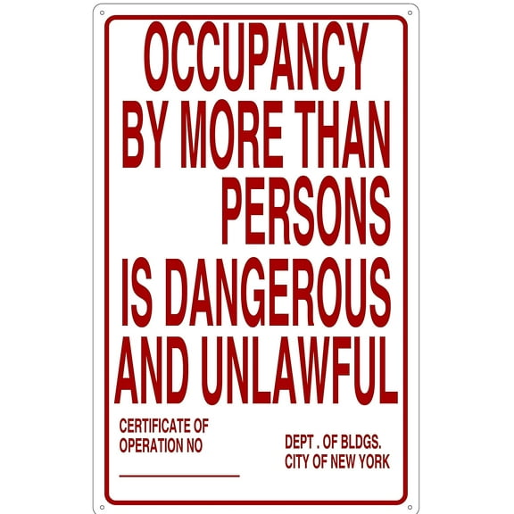 NYC Occupancy Sign (White,Reflective, Aluminium 14X22 -Rust Free)(ref-2022-4)