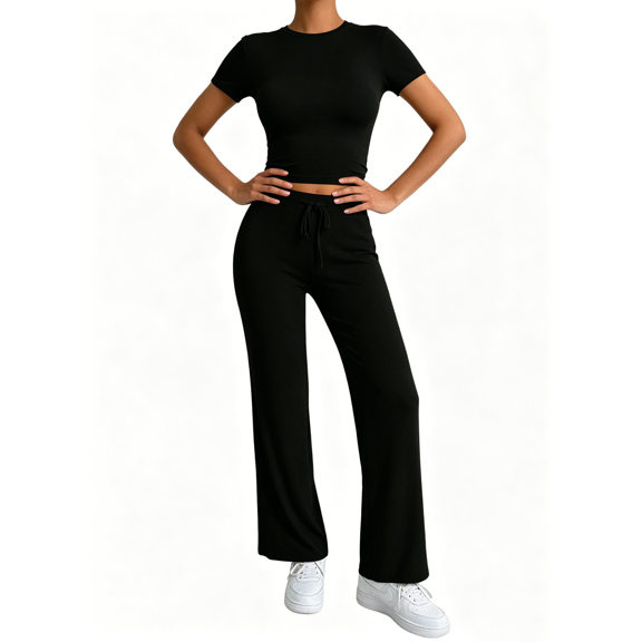 Busydd Workout Sets for Women Round Neck Short Sleeve Crop Tops and Straight Leg Pants Casual Athlete Solid Color Womens Two Piece Sets M